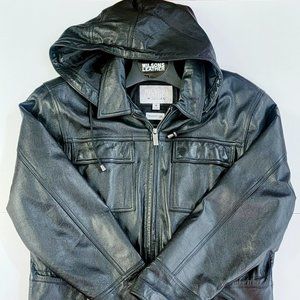 BLACK VINTAGE WILSONS LEATHER M. JULIAN BLACK DRAWSTRING JACKET W/REMOVABLE HOOD